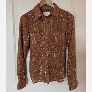Anthropologie Blouse (S) Bronze Sequin Button Down Glam Dopamine Party Sparkle